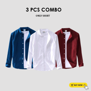 3 Pcs Full Sleeve Ban coler shirt -Petrol+White+Meroon