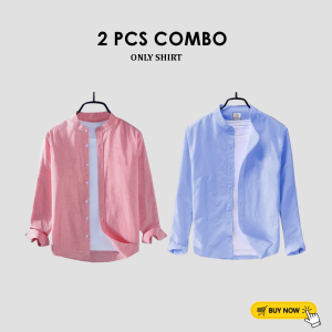 2 Pcs Full Sleeve Ban coler shirt -Sky Cream
