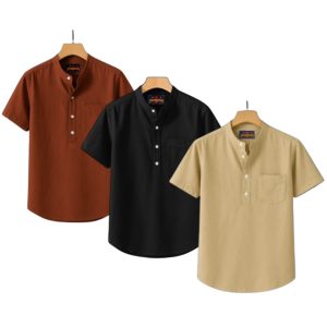3 Pcs Half Sleeve Katua With Poket – Black+ Meroon + Khaki