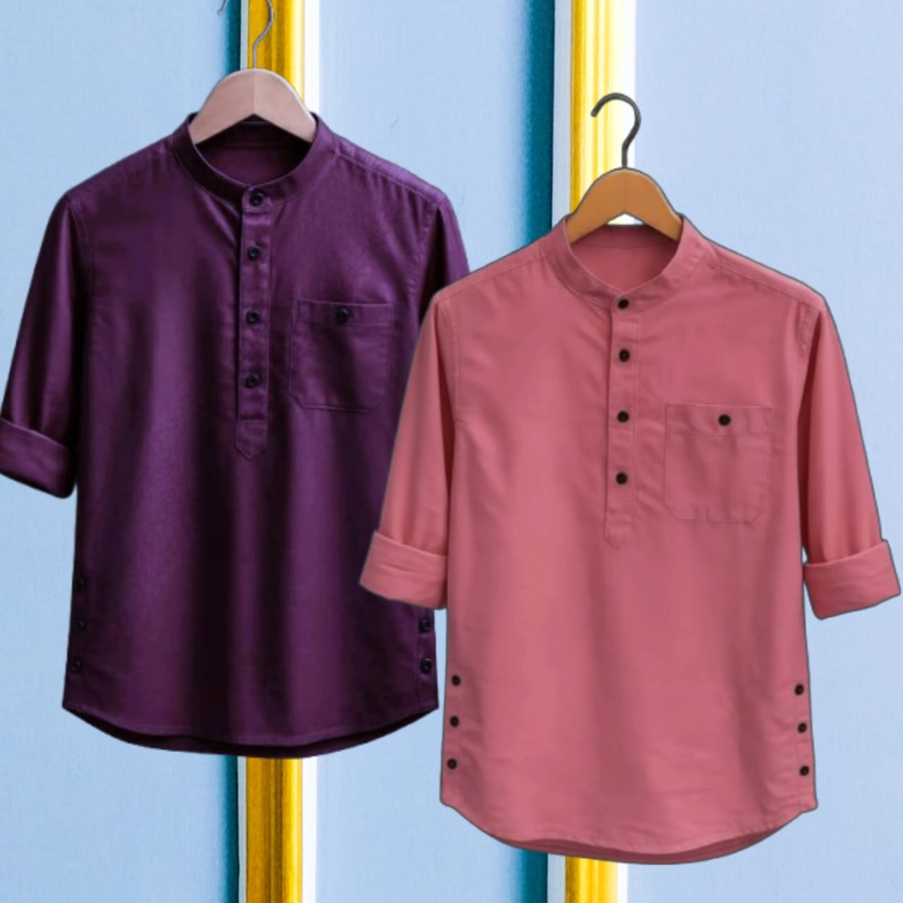 2 Pcs long sleeve Katua for man- Purple + Pink