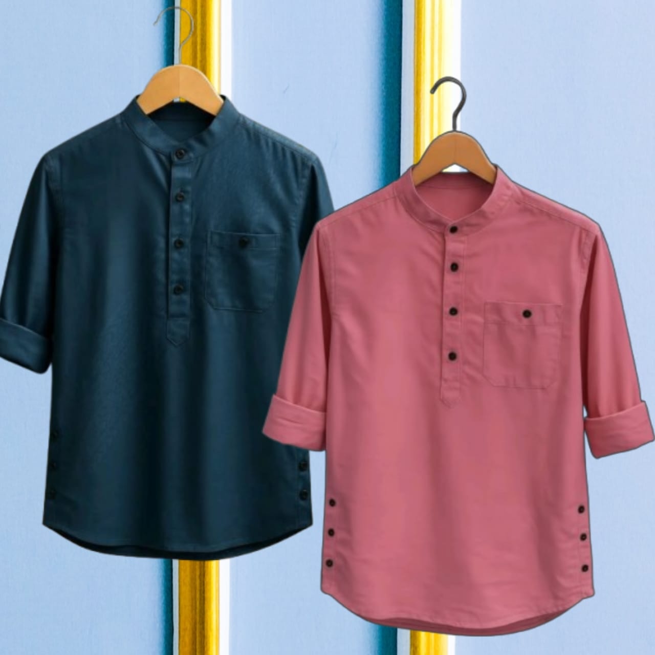2 Pcs long sleeve Katua for man- Pink + Navi Blue