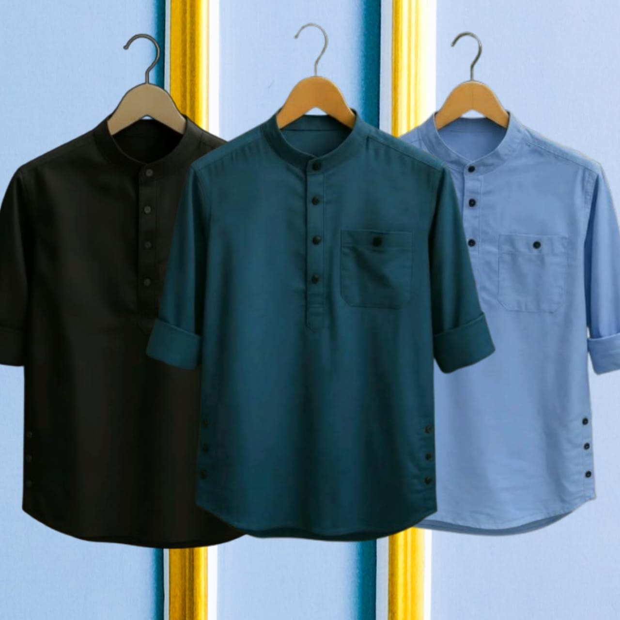 3 Pcs long sleeve Katua for man- Black+ Navy Blue+ Sky