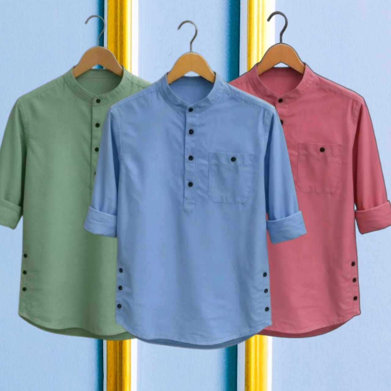 3 Pcs long sleeve Katua for man- Pink + Light Green + Sky