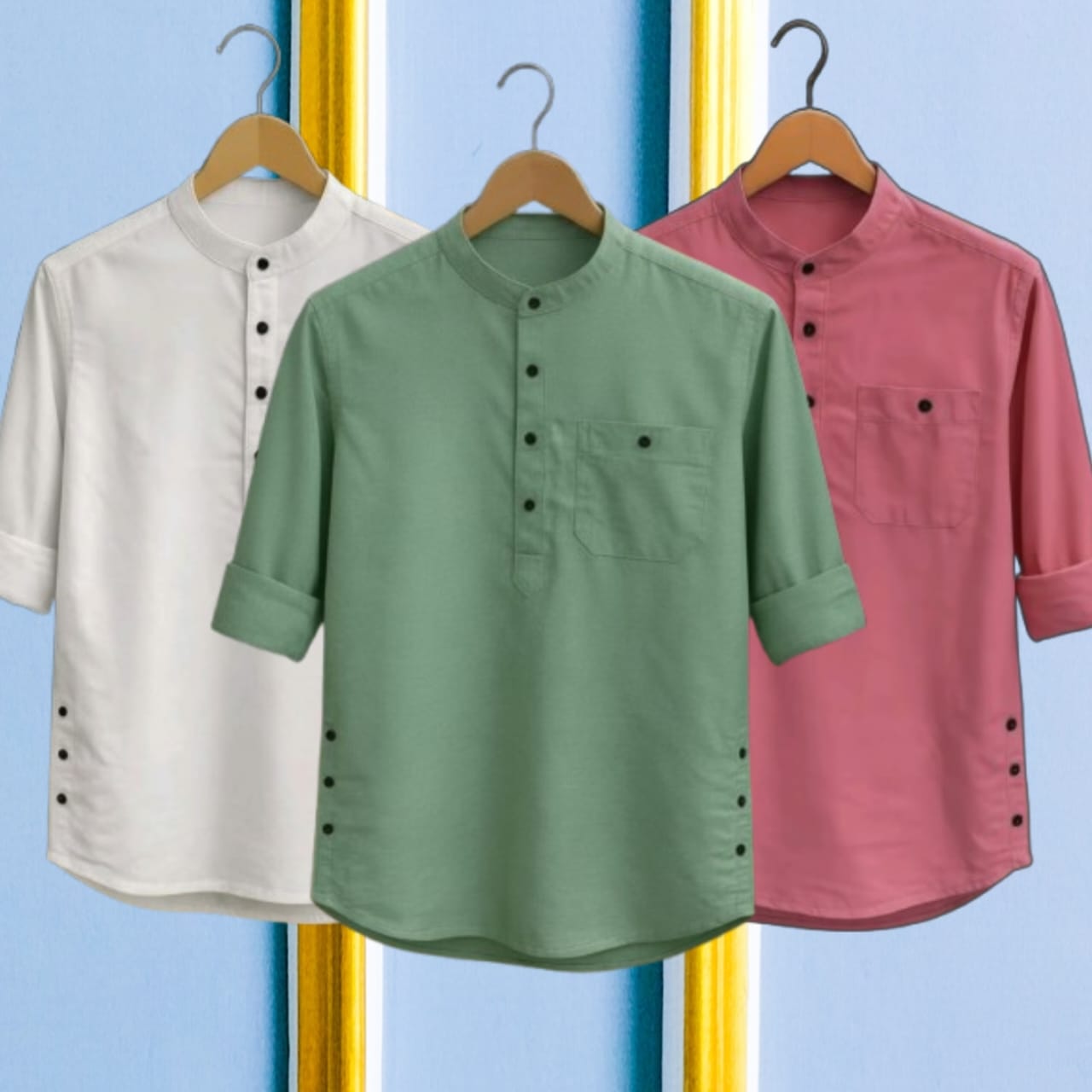 3 Pcs long sleeve Katua for man- White+ Pink+Light Green