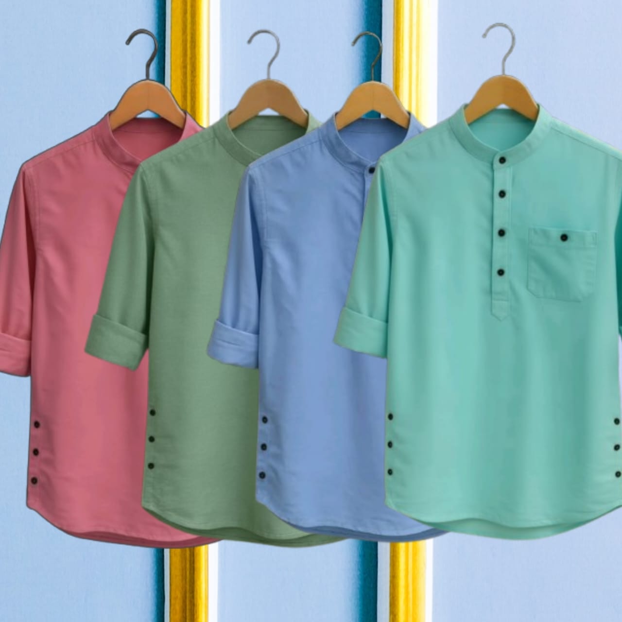 4 Pcs long sleeve Katua for man- Pink+ Light Green+ Sky + Pest