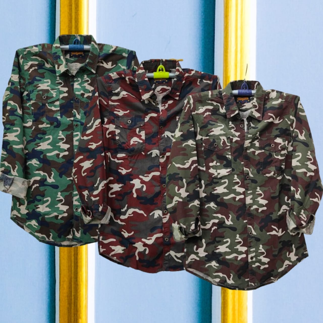 3 Pcs Camo Print Shirt- Red+ Olive+ Green