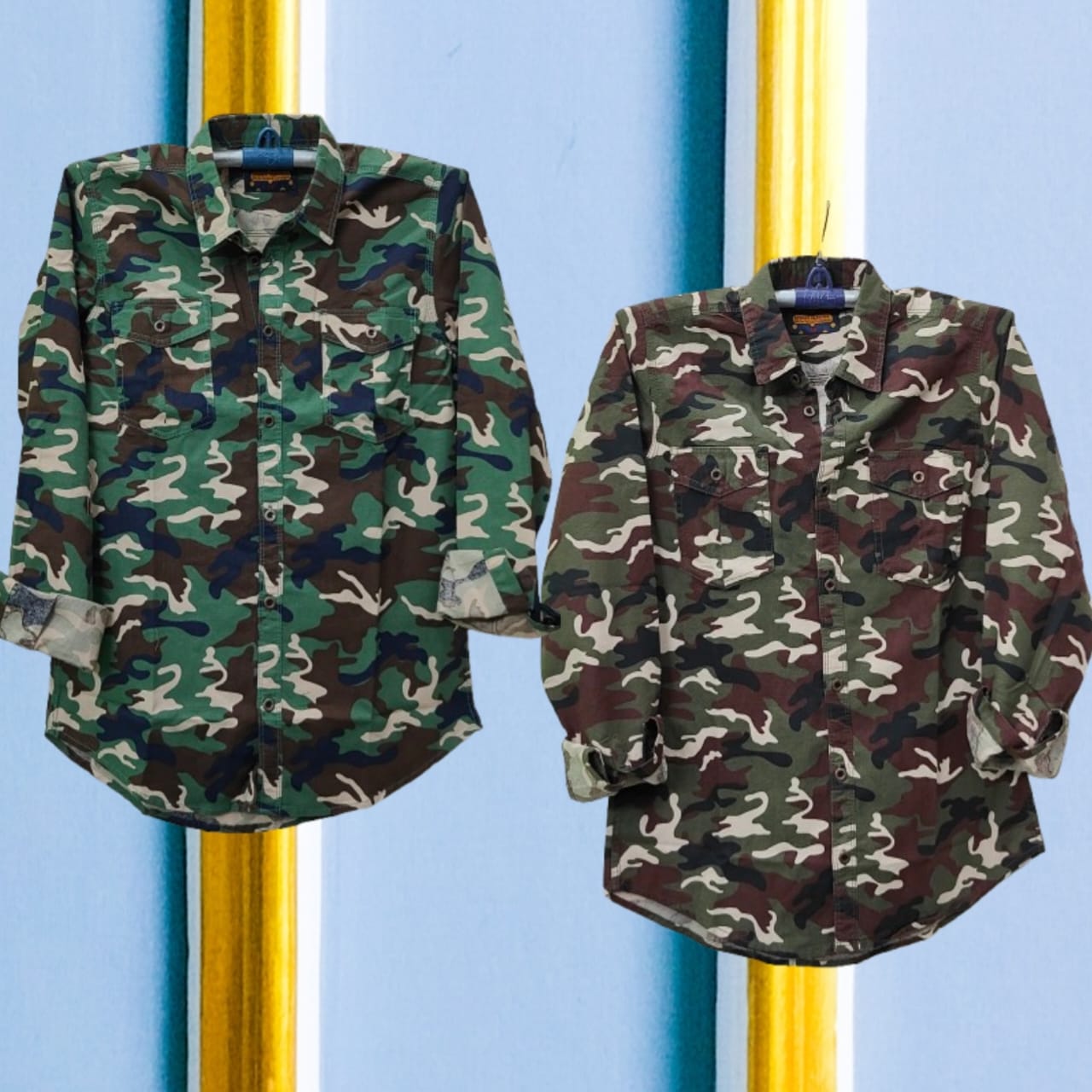 2 Pcs Camo Print Shirt- Oliv+ Green