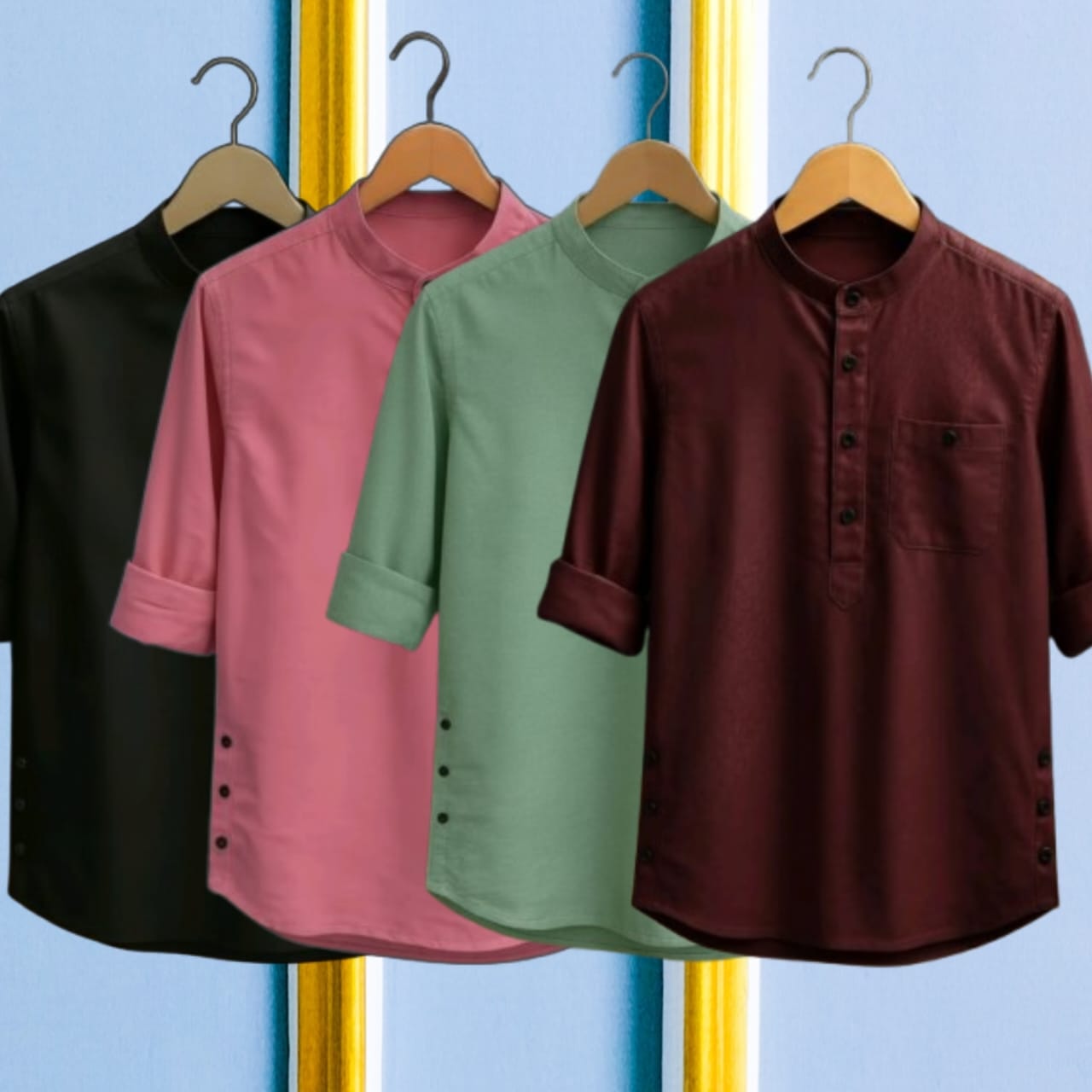 4 Pcs long sleeve Katua for man- Black+ Pink+ Meron + Light Green