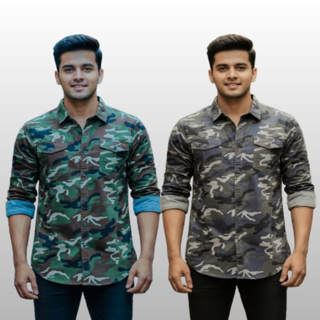 2 Pcs Camo Print Shirt- Green+ Ash