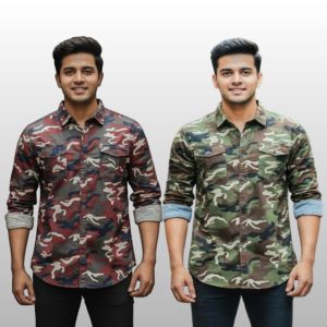 2 Pcs Camo Print Shirt- Red+ Oliv