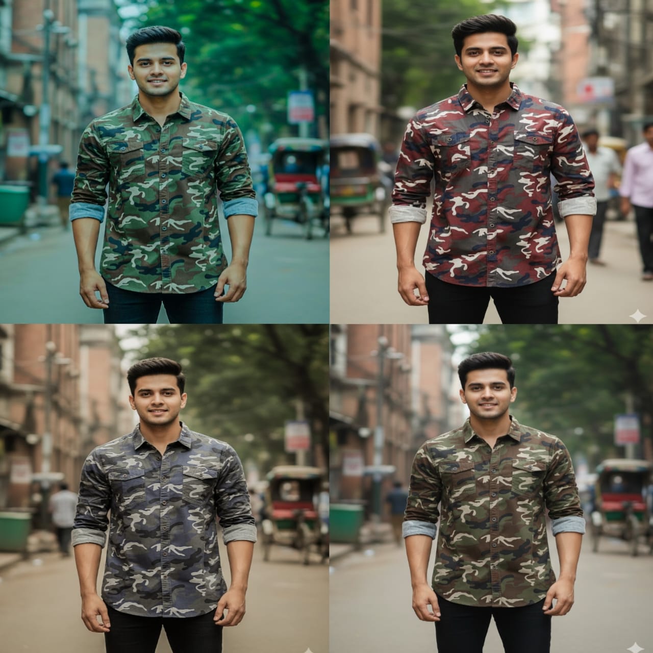 4 Pcs Camo Print Shirt- Ash+ Red+ Green+ Oliv