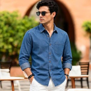 1 Pcs Denim long sleeve single pocket shirt for man- Jens