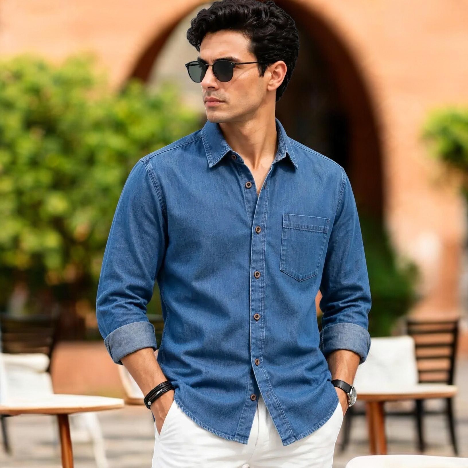 1 Pcs Denim long sleeve single pocket shirt for man- Jens