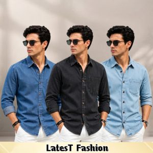 3 Pcs Denim long sleeve single pocket shirt for man- Black+ Light Sky+ Jens