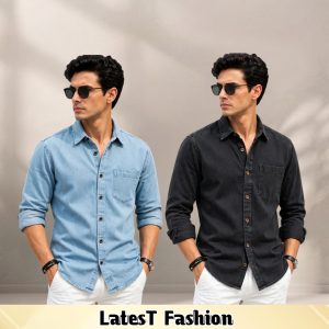 2 Pcs Denim long sleeve single pocket shirt for man- Black+ Light Sky