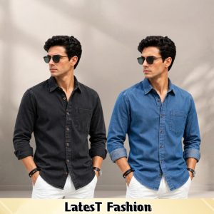 2 Pcs Denim long sleeve single pocket shirt for man- Black+ Jens