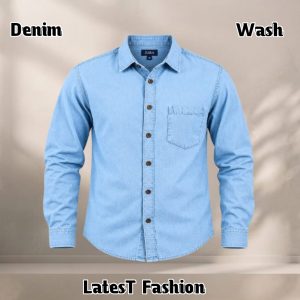 1 Pcs Denim long sleeve single pocket shirt for man- Light Sky
