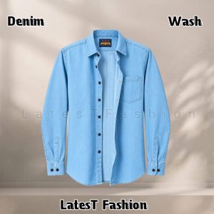 1 Pcs Denim long sleeve single pocket shirt for man- Light Sky