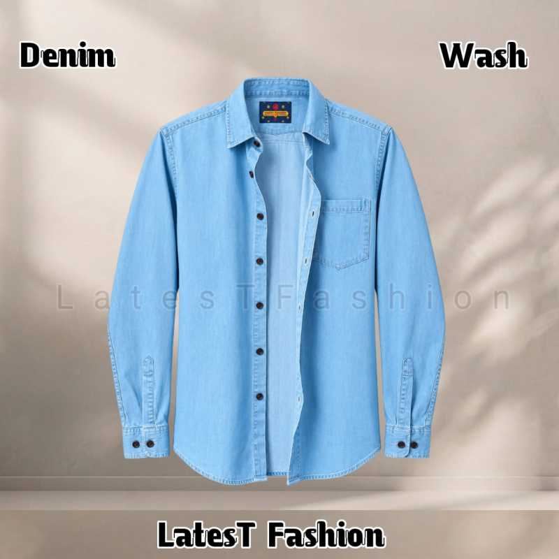1 Pcs Denim long sleeve single pocket shirt for man- Light Sky
