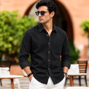 1 Pcs Denim long sleeve single pocket shirt for man- Black