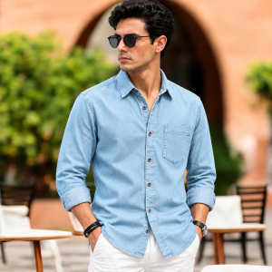 1 Pcs Denim long sleeve single pocket shirt for man- Light Sky