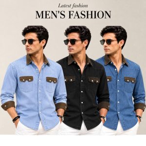 3 Pcs Denim long sleeve double pocket shirt for man- Blue+ Light Blue+ Black