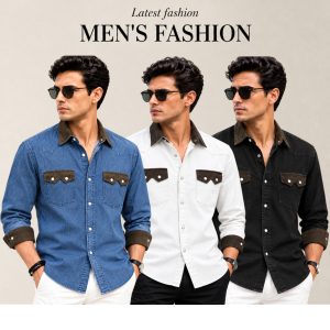 3 Pcs Denim long sleeve double pocket shirt for man- White+ Blue+ Black