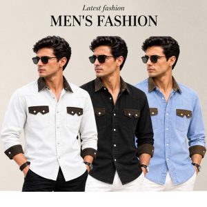3 Pcs Denim long sleeve double pocket shirt for man- White+ Light Blue+ Black