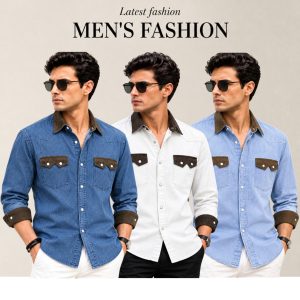3 Pcs Denim long sleeve double pocket shirt for man- White+ Light Blue+ Blue