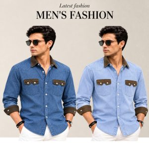 2 Pcs Denim long sleeve double pocket shirt for man- Blue+ Light Blue