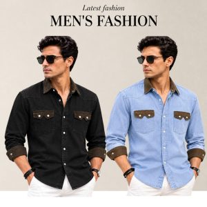 2 Pcs Denim long sleeve double pocket shirt for man- Black+ Light Blue