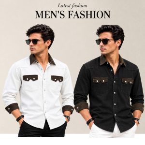2 Pcs Denim long sleeve double pocket shirt for man- White+ Black