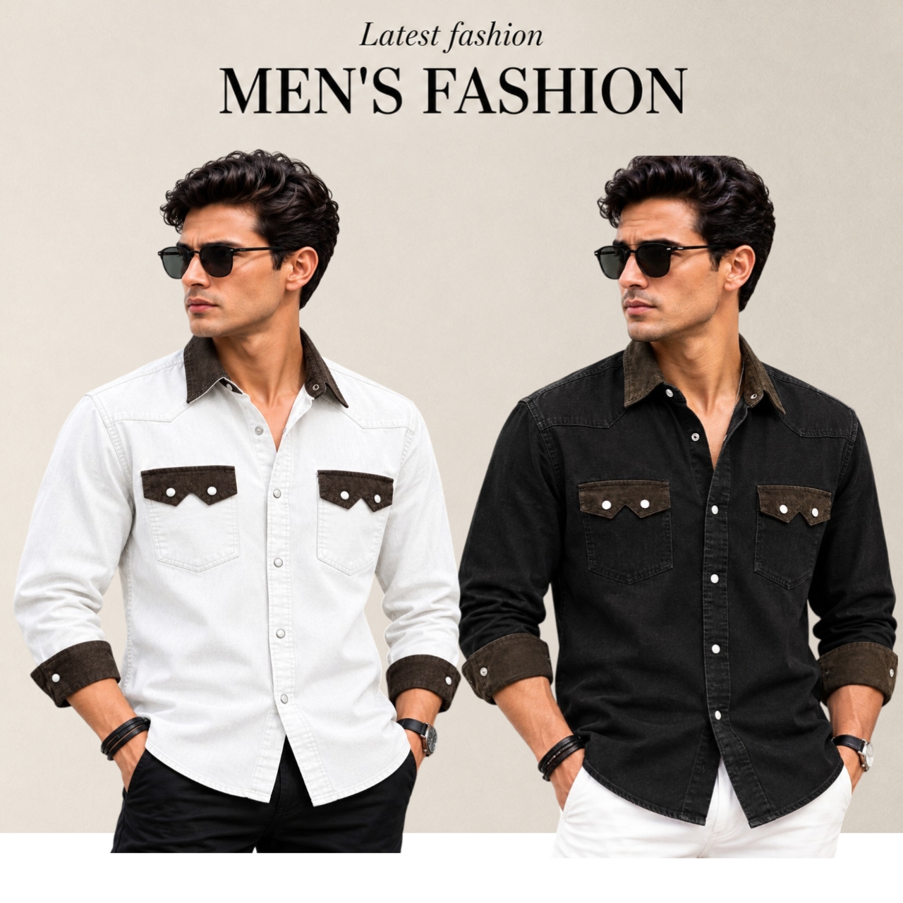 2 Pcs Denim long sleeve double pocket shirt for man- White+ Black