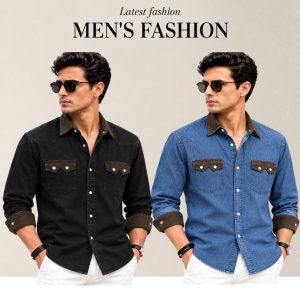 2 Pcs Denim long sleeve double pocket shirt for man- Black+ Blue