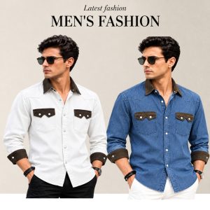 2 Pcs Denim long sleeve double pocket shirt for man- White+ Blue