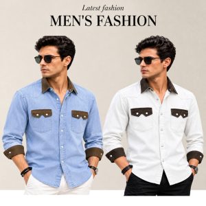 2 Pcs Denim long sleeve double pocket shirt for man- White+ Light Blue
