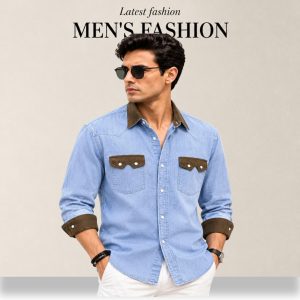 1 Pcs Denim long sleeve double pocket shirt for man- Light Blue