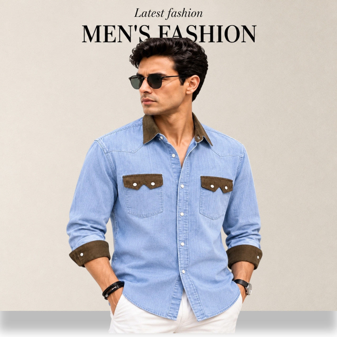 1 Pcs Denim long sleeve double pocket shirt for man- Light Blue
