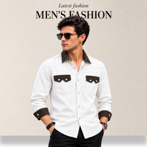 1 Pcs Denim long sleeve double pocket shirt for man- White
