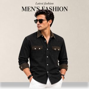 1 Pcs Denim long sleeve double pocket shirt for man- Black