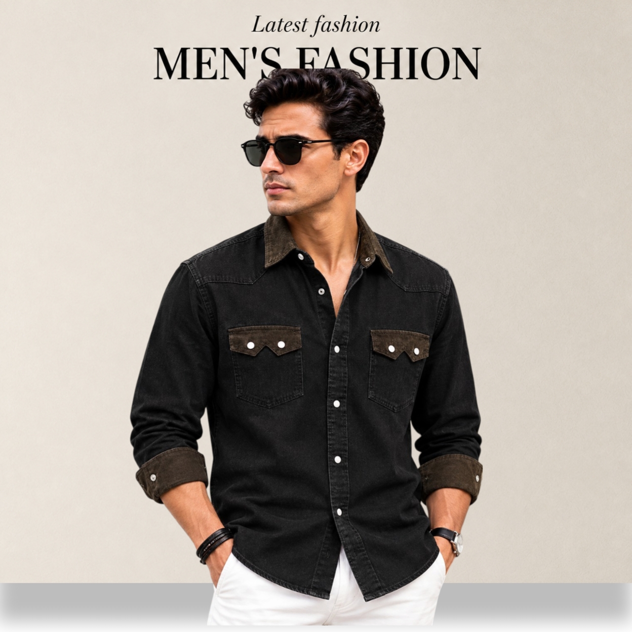 1 Pcs Denim long sleeve double pocket shirt for man- Black