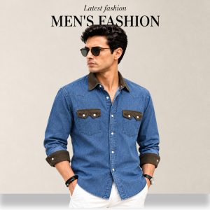 1 Pcs Denim long sleeve double pocket shirt for man- Blue