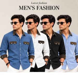 4 Pcs Denim long sleeve double pocket shirt for man- White+ Blue+ Black+ Light Blue