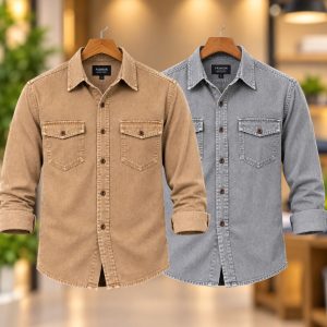 2 Pcs Denim long sleeve double pocket shirt for man- Brown+ Ash