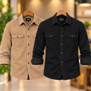 2 Pcs Denim long sleeve double pocket shirt for man- Brown+ Black