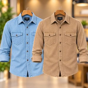 2 Pcs Denim long sleeve double pocket shirt for man- Sky+ Brown