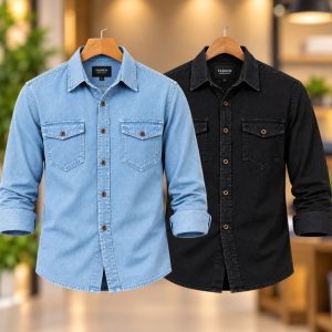 2 Pcs Denim long sleeve double pocket shirt for man- Sky+ Black