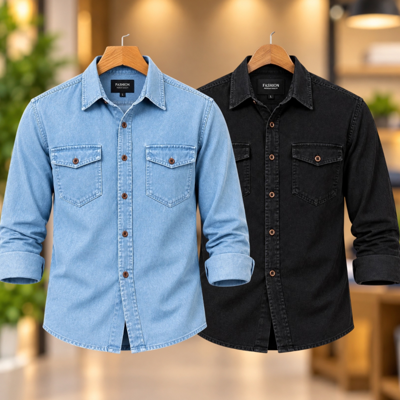 2 Pcs Denim long sleeve double pocket shirt for man- Sky+ Black