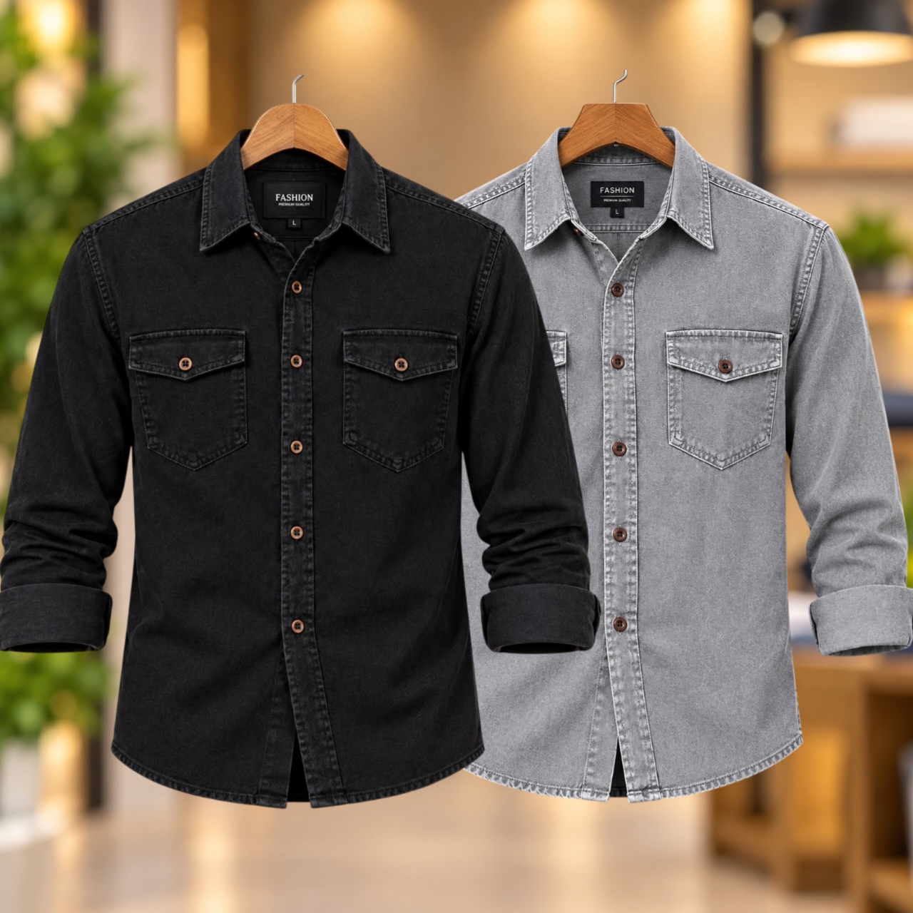 2 Pcs Denim long sleeve double pocket shirt for man- Black+ Black
