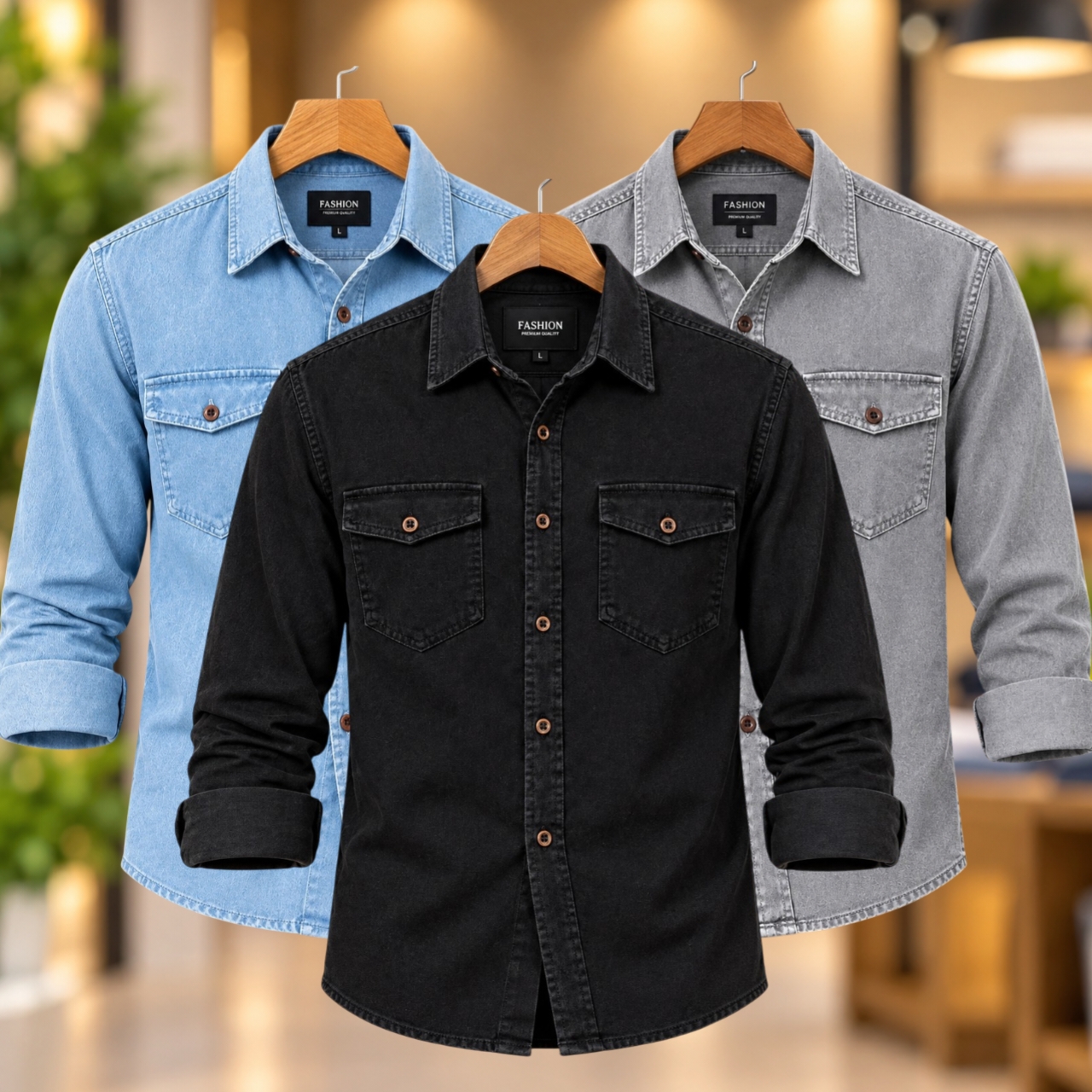3 Pcs Denim long sleeve double pocket shirt for man- Ash+Sky+ Black